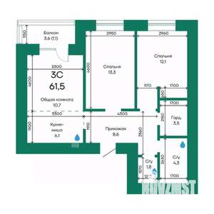3-к квартира, строящийся дом, 62м2, 9/10 этаж