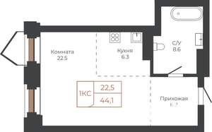 1-к квартира, строящийся дом, 44м2, 16/27 этаж