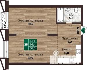 2-к квартира, строящийся дом, 57м2, 6/22 этаж