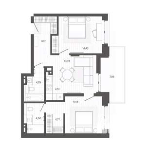 3-к квартира, строящийся дом, 72м2, 3/9 этаж