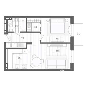 2-к квартира, строящийся дом, 51м2, 7/9 этаж