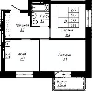 2-к квартира, строящийся дом, 48м2, 11/16 этаж