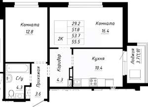2-к квартира, вторичка, 54м2, 1/10 этаж