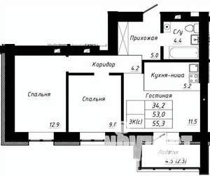 3-к квартира, строящийся дом, 55м2, 10/10 этаж