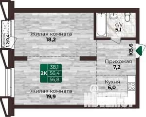 2-к квартира, строящийся дом, 57м2, 16/22 этаж