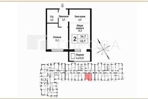 2-к квартира, вторичка, 39м2, 9/16 этаж