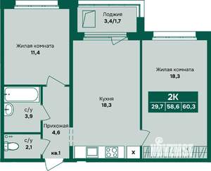 2-к квартира, строящийся дом, 60м2, 2/12 этаж