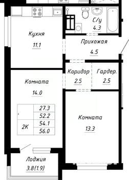 2-к квартира, строящийся дом, 54м2, 10/10 этаж