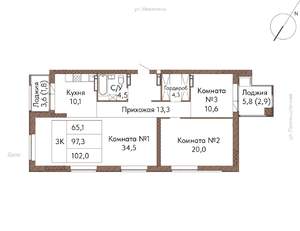 3-к квартира, строящийся дом, 102м2, 11/16 этаж
