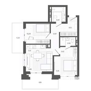 2-к квартира, строящийся дом, 70м2, 3/9 этаж
