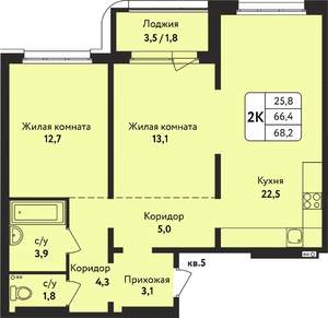 2-к квартира, строящийся дом, 68м2, 2/17 этаж