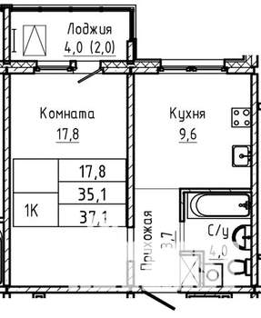 1-к квартира, строящийся дом, 37м2, 14/17 этаж