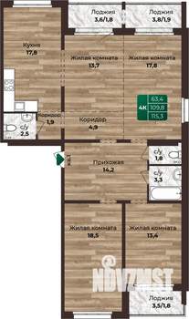 4-к квартира, строящийся дом, 115м2, 8/24 этаж