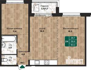 2-к квартира, строящийся дом, 60м2, 9/12 этаж