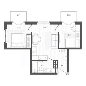 3-к квартира, строящийся дом, 52м2, 4/9 этаж