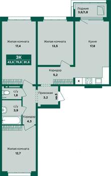 3-к квартира, строящийся дом, 82м2, 2/12 этаж