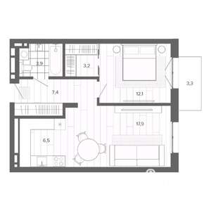 2-к квартира, строящийся дом, 54м2, 7/9 этаж