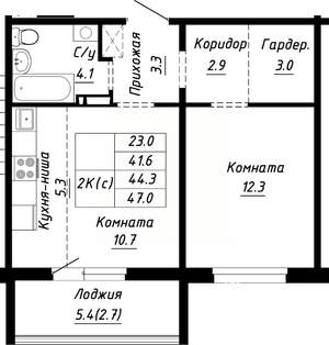 2-к квартира, строящийся дом, 44м2, 1/10 этаж