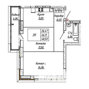 2-к квартира, строящийся дом, 49м2, 13/16 этаж