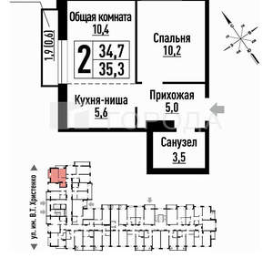 1-к квартира, вторичка, 35м2, 13/16 этаж