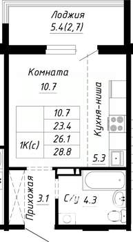 1-к квартира, строящийся дом, 26м2, 7/10 этаж