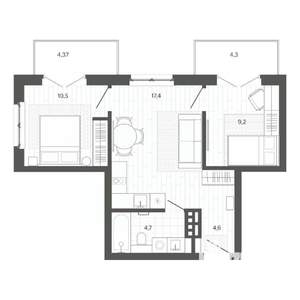 3-к квартира, строящийся дом, 55м2, 6/9 этаж