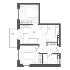 3-к квартира, строящийся дом, 55м2, 7/9 этаж