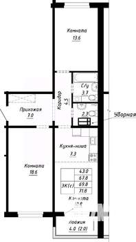 3-к квартира, строящийся дом, 70м2, 5/10 этаж