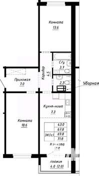 3-к квартира, строящийся дом, 70м2, 4/10 этаж
