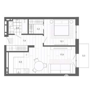 2-к квартира, строящийся дом, 55м2, 6/9 этаж