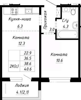 2-к квартира, строящийся дом, 39м2, 10/10 этаж