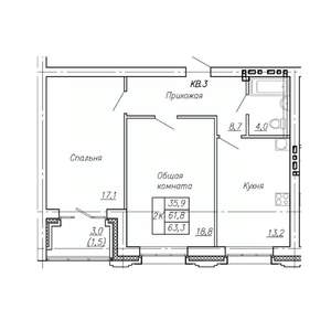 2-к квартира, строящийся дом, 63м2, 4/4 этаж