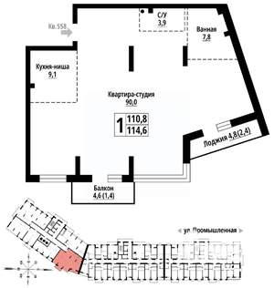 1-к квартира, строящийся дом, 114м2, 19/23 этаж