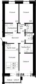 4-к квартира, строящийся дом, 100м2, 6/10 этаж