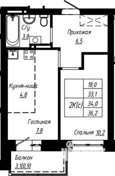 2-к квартира, строящийся дом, 34м2, 11/16 этаж