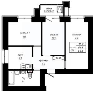 3-к квартира, строящийся дом, 64м2, 14/16 этаж