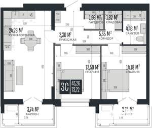 3-к квартира, строящийся дом, 74м2, 12/15 этаж