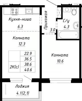 2-к квартира, строящийся дом, 39м2, 7/10 этаж