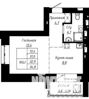 1-к квартира, строящийся дом, 33м2, 15/16 этаж