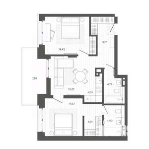 3-к квартира, строящийся дом, 72м2, 6/9 этаж