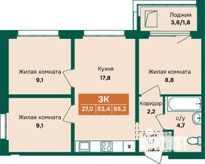3-к квартира, вторичка, 55м2, 2/12 этаж