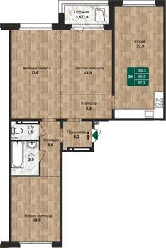 3-к квартира, строящийся дом, 87м2, 5/17 этаж