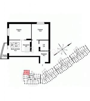 3-к квартира, вторичка, 65м2, 19/25 этаж