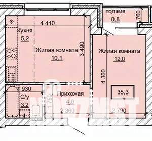 2-к квартира, строящийся дом, 35м2, 4/10 этаж