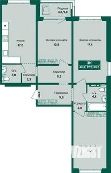 3-к квартира, вторичка, 89м2, 2/12 этаж