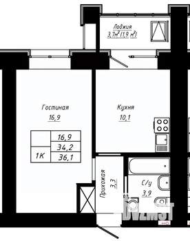 1-к квартира, строящийся дом, 36м2, 16/16 этаж