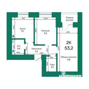 2-к квартира, строящийся дом, 53м2, 6/10 этаж
