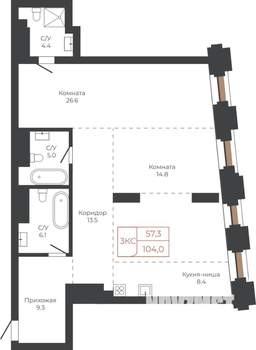 3-к квартира, строящийся дом, 104м2, 8/27 этаж
