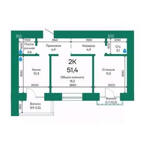 2-к квартира, строящийся дом, 51м2, 9/10 этаж