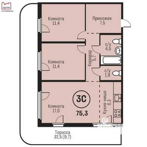 3-к квартира, строящийся дом, 75м2, 1/7 этаж